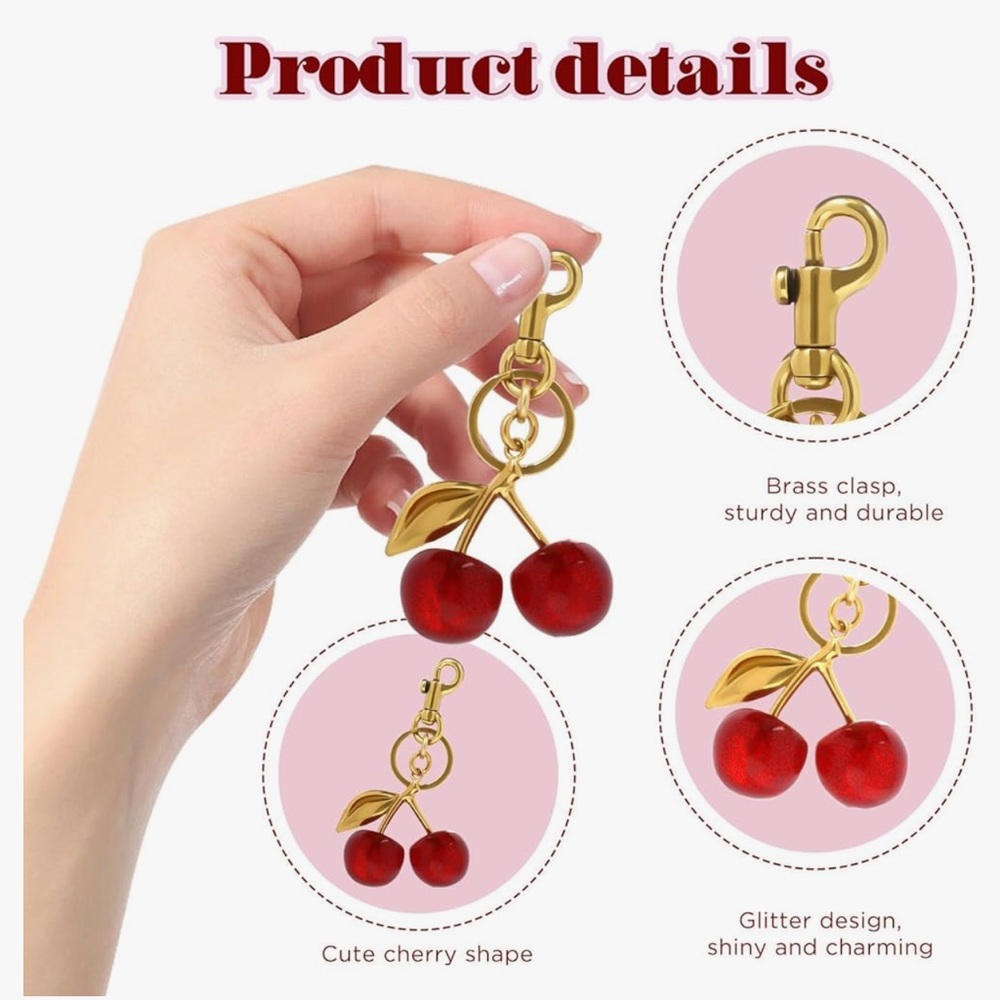 Cherry Gold Keychain Bag Charm – Sparkle Red – Resin & Brass Alloy – 4.72" - Picture 4 of 7